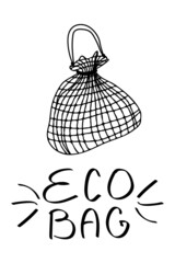 Minimalist vector illustration with reusable bag for fruits, vegetables and other product. Depiction of eco bag. Eco friendly pouch.