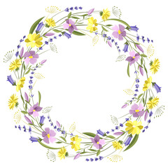 Obraz na płótnie Canvas Beautiful floral round frame with wildflowers and leaves. Empty space for the text. Vector illustration