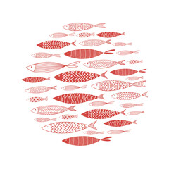 Round pattern with red fish on a white background