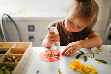 Cute child toddler glues leaves and petals at home, natural science in preschoolers, collecting natural materials and creative cognitive interest, home teaching