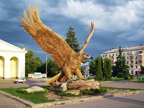 Oryol, Russia. Eagle Monument on the Square of Railway station of Orel. The monument represents a symbol of the city. It was unveiled in 2008 and altered in 2009.