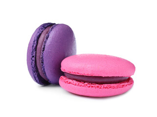 Different delicious colorful macarons on white background