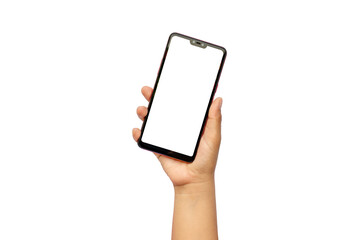 hand holding phone with white screen isolated on white background with cut path