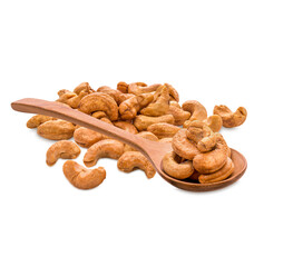 Cashew nuts in a Wooden spoon isolated on white background