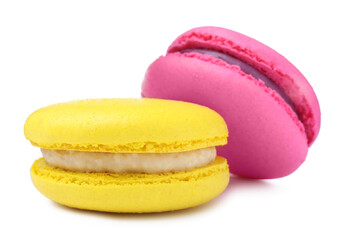 Different delicious colorful macarons on white background