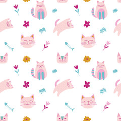 Childish seamless pattern with pink color girly cat, flower, fish skeleton in cartoon style. Vector trendy print. Cute baby fabric design. Funny character.