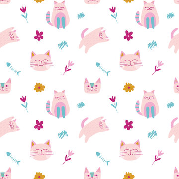 Childish seamless pattern with pink color girly cat, flower, fish skeleton in cartoon style. Vector trendy print. Cute baby fabric design. Funny character.