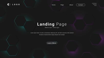 Modern Futuristic Abstract Black Landing Page Or Banner Template Design With Glowing Hexagon Pattern