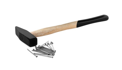 Hammer and metal nails on white background
