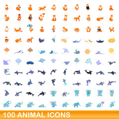 100 animal icons set. Cartoon illustration of 100 animal icons vector set isolated on white background