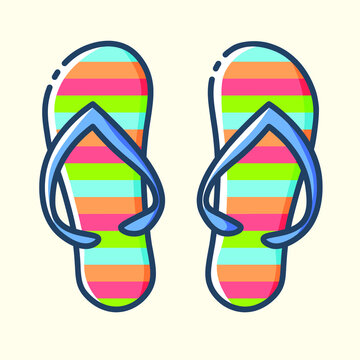 Pair of striped beach flip-flops colored icon. Concept of travel, summer vacation and rest. Vector stylish outline flat illustrations on yellow background.