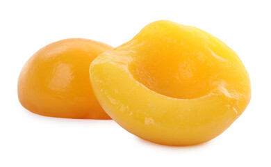 Fototapeta na wymiar Sweet juicy canned peach halves isolated on white