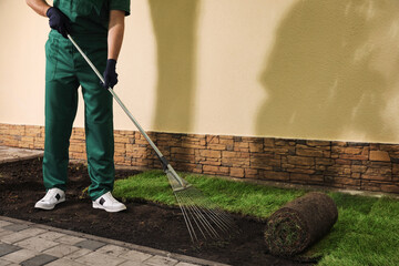 Worker leveling soil before laying grass sod at backyard, closeup