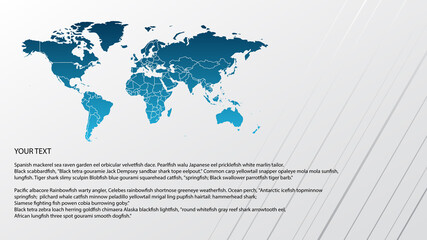 Vector world map infographic symbol. Blue gradient global icon with striped background and text. Elements for business, web design, presentation, data report, media, news, blog, page, template, sample