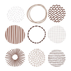 Hand drawn round decor set. Bullet journal web visual note sketch elements. Isolated graphic vector object set. Brown beige neutral color palette.