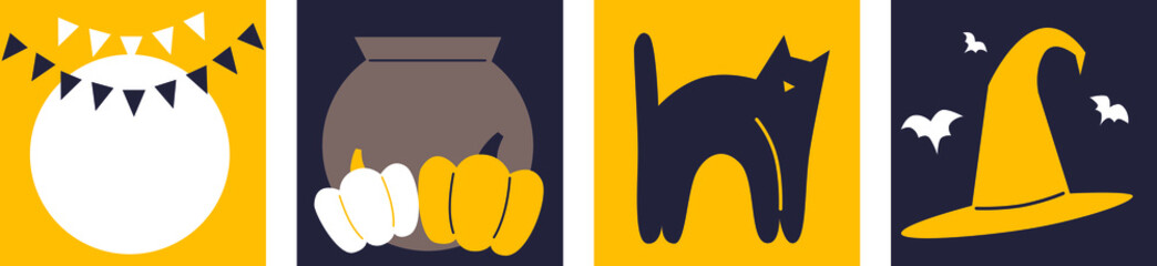 Happy Halloween symbol vector elements. Greeting cards or posters with Halloween sign vector illustration. Pumpkin, black cat, moon, broom, bowler, witch. Cartoon flat elements. Scandinavian style.