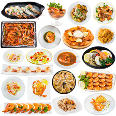 Fototapeta na wymiar Collage of different dishes cooked with prawns isolated on white background