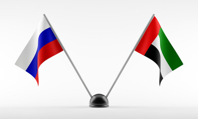 Stand with two national flags. Flags of Russia and United Arab Emirates. Isolated on a white background. 3d rendering