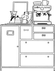 Kitchen Cabinet with Coffee machine and equipment Home Brewing Hand drawn line art vector illustration