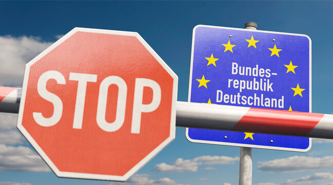 Grenzkontrolle - Schlagbaum mit Stop-Schild und Hinweisschild "Bundesrepublik Deutschland"