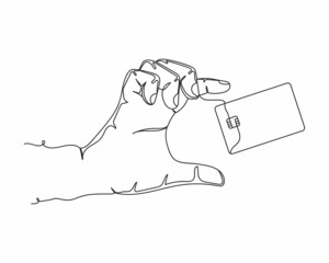 Continuous one line drawing of close up hand holds levitating template bank credit card in silhouette on a white background. Linear stylized.Minimalist.