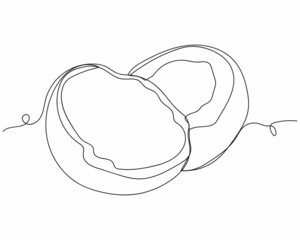 Continuous one line drawing of coconut slice in silhouette on a white background. Linear stylized.Minimalist.
