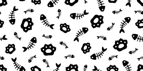 cat paw seamless pattern fish bone kitten footprint calico vector pet scarf isolated repeat background cartoon animal tile wallpaper illustration doodle design