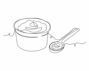 Continuous one line drawing of greek yogurt or cream in a bowl with spoon in silhouette on a white background. Linear stylized.Minimalist.