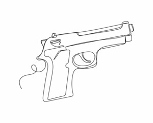 Continuous one line drawing of gun in silhouette on a white background. Linear stylized.Minimalist.