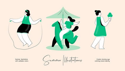 Summer vector colourful illustration set of people activity