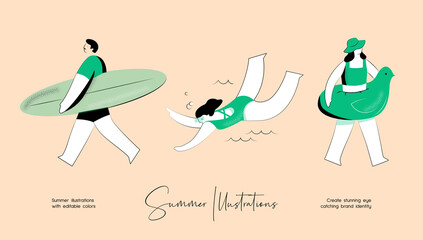 Summer vector colourful illustration set of people activity
