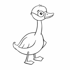 Cute cartoon line drawing goose with glasses. Coloring page. Vector illustration funny animal character. Isolated line drawing. Kids printable clipart.