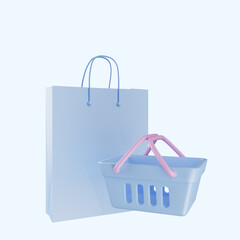 3d illustration of simple object shopping bag and shopping basket