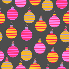 Seamless vector pattern of balloons on a Christmas tree on a dark background. Decoration for the Christmas tree. Flat style. An element of the Christmas symbol. Christmas.