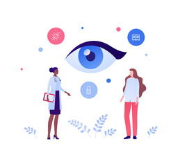 Ophthalmology and eye disease concept. Vector flat healthcare illustration. African american female ophthalmologist doctor and patient. on appointment. Design for health care.