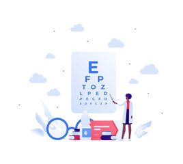 Ophthalmology and eye disease concept. Vector flat healthcare illustration. Female ophthalmologist doctor with pointer. Eyeglasses, chart, drops, book symbol. Design for health care.