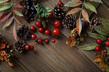 beautiful autumn leaves on wooden background. frame background