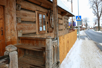 ZAKOPANE, POLAND - JANUARY 22, 2021: Wooden architecture of Witow, willage near the Zakopane, Poland.