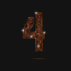 Abstract isolated orange image of a number four. Polygonal illustration looks like stars in the blask night sky in spase or flying glass shards. Digital design for website, web, internet. © Katsiaryna
