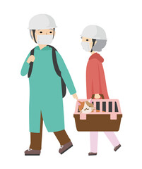 Obraz premium 災害に備えてペットと一緒に避難を始める高齢夫婦（マスク） 