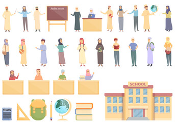 Arabic lessons icons set cartoon vector. Arab joy. Children school