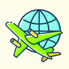 Plane on the background of the globe colored icon. Concept of travel, summer vacation and rest. Vector stylish outline flat illustrations on yellow background.