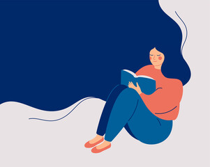 Happy woman sits and reads the book with enjoy and interest. The girl keeps her diary or takes notes. Book therapy session. Mental health concept. Vector illustration - 450286608