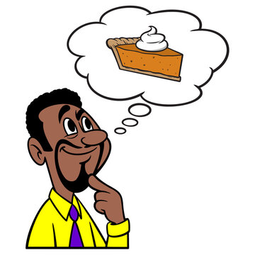 Man thinking about Pumpkin Pie - A cartoon illustration of a man thinking about a slice of Pumpkin Pie.