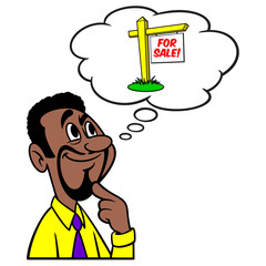 Man thinking about Selling House - A cartoon illustration of a man thinking about selling House.