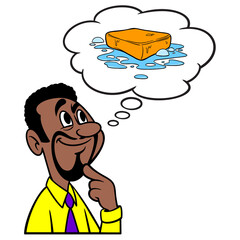 Man thinking about Soap and Water - A cartoon illustration of a man thinking about using Soap and Water.