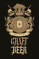 Banner for craft beer with a vintage coat of arms on a black background. Hand-drawn vector brewery heraldry with a wooden barrel, lions, flags, spears, crown and a fleur de lis on a knightly shield © paseven