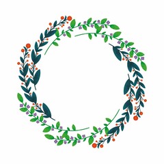 Invitation design with blue and green herbs, branches, leaves. Template, frame, circle, garland. Raster branches, leaves isolated on white background. Wreath for flowers 