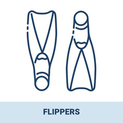 Swimming flippers outline monochrome icon with title. Concept of travel, summer vacation and rest. Vector monochrome illustrations isolated on white background.