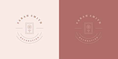 Blooming flower logo emblem design template vector illustration in minimal line art style